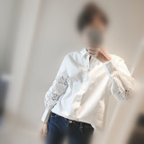蘑菇街2016春装新款韩版宽松白色拼接蕾丝泡泡袖宫廷长袖衬衫女潮