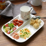 肆月 长方形陶瓷分隔盘白色分格盘早餐盘子儿童餐盘可放牛奶杯