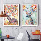 彩色麋鹿现代北欧装饰画 小清新有框画玄关床头壁画美式动物挂画