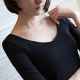 韩版秋夏大V领短袖t恤女纯棉打底衫中袖上衣显瘦体恤黑色紧身女装