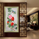 新中式牡丹花开富贵竹子花鸟竖版油画玄关过道走廊壁画挂画装饰画