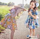 韩国童装2016夏装新款女童美丽花朵儿童圆领短袖连衣裙纯棉公主裙