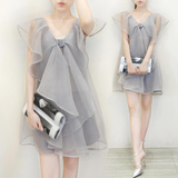韩国代购16夏季新款女装飞飞袖欧根纱中长款连衣裙优雅礼服仙女裙