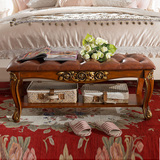 美式床尾凳 欧式真皮实木换鞋凳卧室床边穿鞋凳法式床榻床头长凳