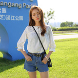 2016夏季新款韩版宽松显瘦竖条纹系带中长款V领七分袖衬衣连衣裙