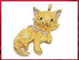 全球购 日本工艺18K黄金钻石蓝宝石小猫胸针 吊坠 二手珠宝真品代
