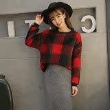 2016秋季新款韩版圆领短款上衣宽松长袖套头毛呢格子卫衣女装S127