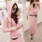 韩国春秋新款大码两件套运动休闲粉色套装长袖卫衣套裙包臀长裙女