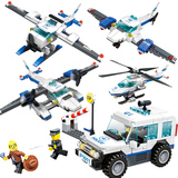 万格城市系列变形警车直升机儿童益智塑料拼装警察小颗粒积木玩具
