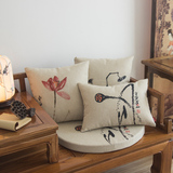 新中式莲藕荷花亚麻风格椅子沙发抱枕靠垫靠枕枕套定制