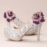 白色水晶婚鞋超高跟防水台拍婚纱照鞋紫色玫瑰花朵新娘鞋女鞋单鞋