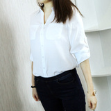 春季新款韩国长袖白色棉麻简约衬衫女V领百搭修身纯色开衫打底衫