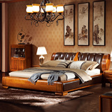 现代中式全实木双人床1.8米金丝楠木色软靠背皮床储物床婚床大床