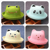 韩版儿童帽子卡通小熊造型草帽夏季婴幼儿亚麻盆帽太阳帽遮阳帽
