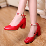 春秋季红色结婚鞋女新娘鞋婚礼红鞋粗跟高跟单鞋中跟大小码孕妇鞋