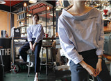 韩国代购东大门宽松个性时尚不对称露肩领条纹一字领长袖衬衫女