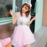 韩版夏季新款无袖背心欧根纱连衣裙两件套甜美网纱蓬蓬裙套装裙