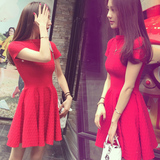 2016夏季新款女装韩系修身显瘦A字裙大红色短袖连衣裙女夏季裙子