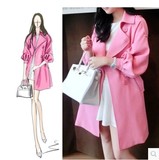 韩国代购2016春装新款中长款女装外套双排扣修身粉色风衣外套女潮