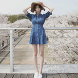 韩国2016春装新款韩版显瘦牛仔连衣裙女学生短袖薄收腰衬衫短裙潮
