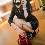 ZHUYIYI2016春装新款韩国女人味道黑色亮片钉珠气质修身连衣裙特