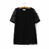 夏女装雪纺通勤韩版纯色镂空袖花朵拼接圆领中长款短袖T恤打底衫