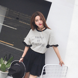 夏季韩版女装喇叭袖条纹圆领个性字母T恤衫纯棉半袖宽松显瘦上衣