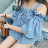 八爪娘娘2016夏季新款韩版一字领露肩上衣 宽松性感衬衣女学生