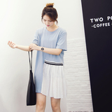 夏季新款韩版棉麻拼接中长款短袖T恤女宽松显瘦纯棉上衣打底裙潮
