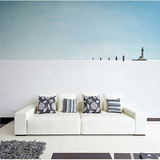 北欧简约艺术壁纸黑白手绘客厅背景墙纸大型无缝壁画蓝色天空海滩
