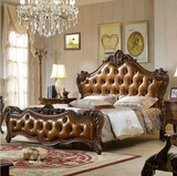 全实木欧式双人床 美式古典真皮床 全手工雕花1.8米大床 卧室婚床