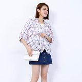 韩版学院风短袖格子衬衫女学生胖MM宽松大码女装夏季衬衣打底衫