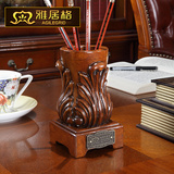 雅居格 美式实木雕刻笔筒桌面办公圆形收纳木质PF200