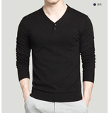 2016春季男士长袖T恤韩版修身男装青年V领薄款休闲纯色针织打底衫