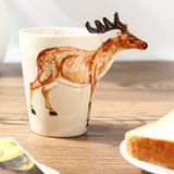 呆萌3d立体陶瓷杯 手绘卡通动物马克杯 梅花鹿奶牛创意水杯手工杯