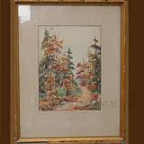 1950年加拿大实木画框手绘签名水彩画原作：金秋小径