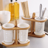 厨房陶瓷筷子筒 日式筷桶双筒沥水架创意筷子笼镂空木架筷筒防霉