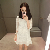 2016夏季新款女装名媛小香风宽松直筒裙中裙子中袖白色蕾丝连衣裙
