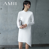 Amii极简女装修身不规则下摆圆领长袖连衣裙中长款纯色2016秋新品