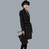 秋冬新品女装韩版中长款羊绒大衣外套腰带宽松显瘦呢西服格子装潮