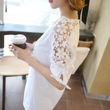 2016秋装韩版大码女装宽松显瘦衬衫中长款蕾丝拼接镂空打底衫上衣