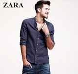 香港代购ZARA男装长袖衬衫男士立领休闲衬衣商务中国风复古亚麻潮