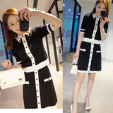 韩国新款小香风撞色五分袖针织开衫+包臀半身裙两件套针织套装女