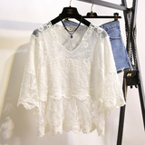 夏季韩版宽松显瘦V领网纱拼接镂空白色蕾丝衫女娃娃衫罩衫上衣
