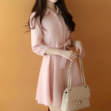 2016春夏新款韩版粉色雪纺连衣裙中袖衬衫中长款修身裙子A字裙女