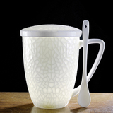 创意冰纹大容量陶瓷浮雕水杯带盖勺办公室女清凉纯白简约骨瓷杯子