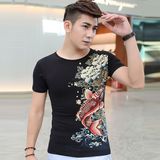 中国风男士短袖T恤 鲤鱼图案纹身圆领半袖夏季修身个性印花体恤衫