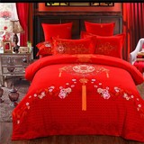 全棉加厚磨毛婚庆四件套 纯棉活性中国红 大红结婚被套床单式床品