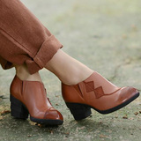 春季品牌手工女鞋复古真羊皮中国风鞋舒适深口小尖头粗跟高跟单鞋