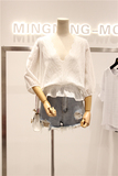夏季韩版大V领七分袖白色蕾丝衫女 性感宽松镂空上衣 薄款娃娃衫